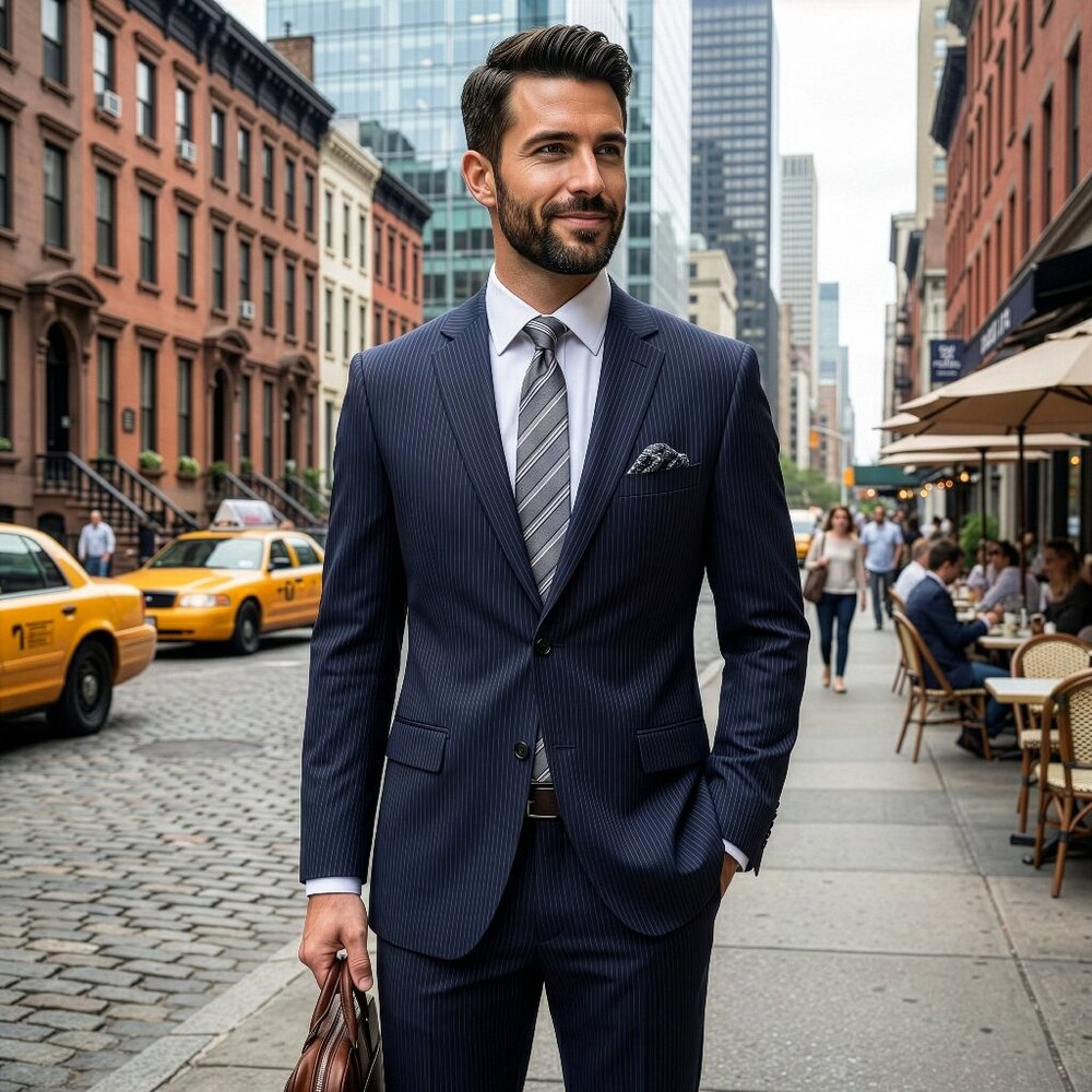 New 2026 Mens 2pc Navy on Blue Pinstripes Suit Set, Modern Fit
